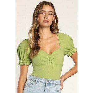 Lulus Romantic Inclination Lime Green Ribbed Knit Puff Sleeve Bodysuit - Size M
